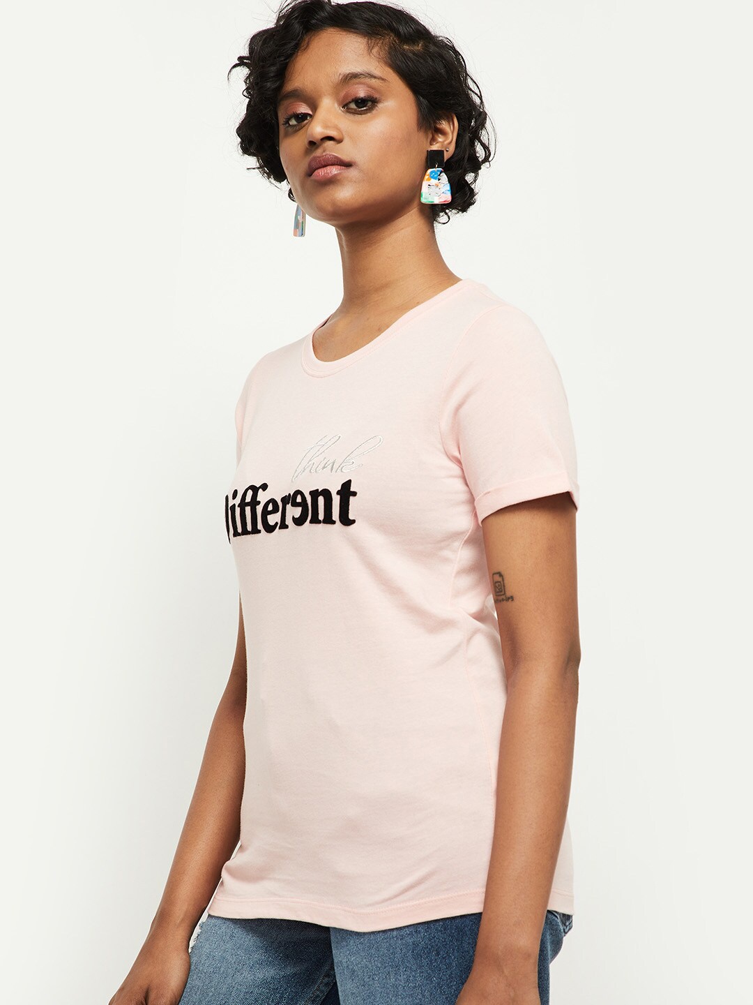 

max Women Pink Printed Applique Cotton T-shirt