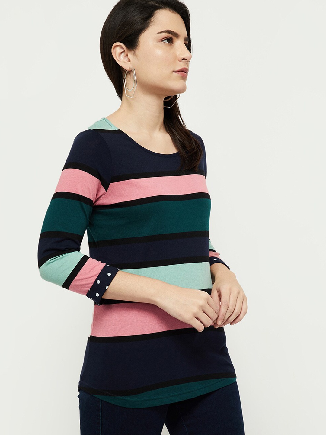

max Women Navy Blue Striped T-shirt