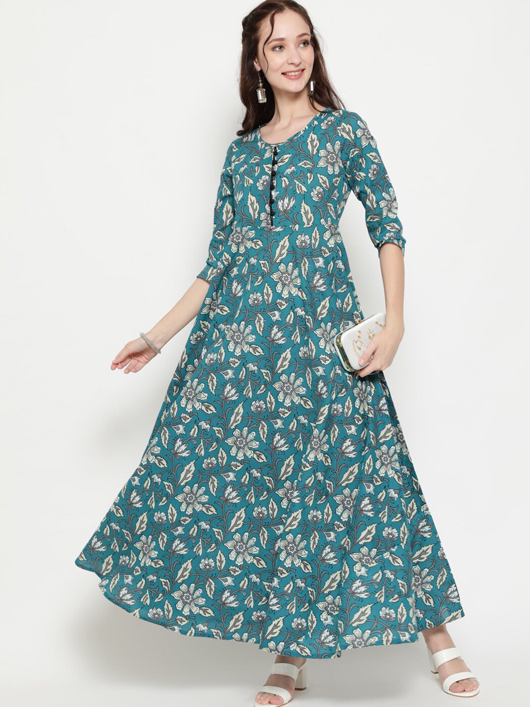 

antaran Blue Floral Tie-Up Neck Maxi Dress