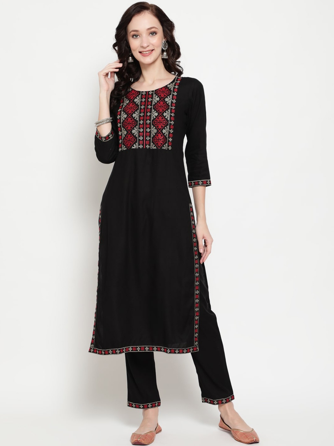 

antaran Women Black Ethnic Motifs Embroidered Pure Cotton Kurta with Trousers