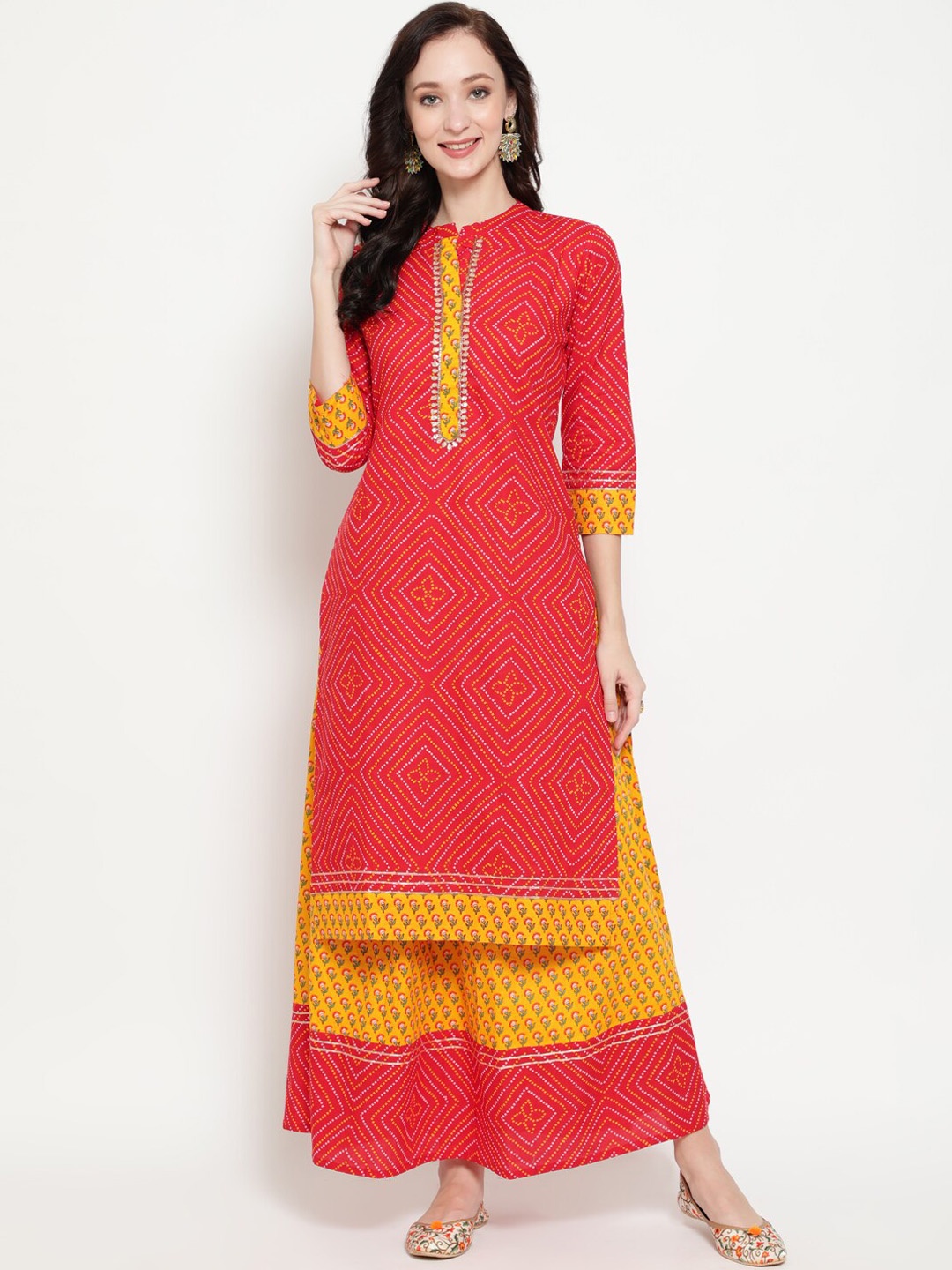 

antaran Women Red & Yellow Bandhani Printed Regular Pure Cotton Kurta with Skirt