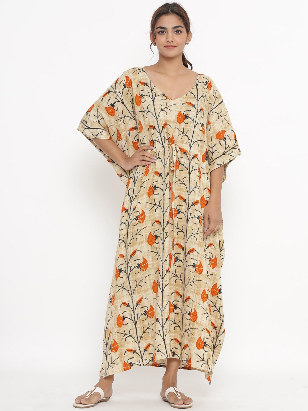

Fabriko Beige & Orange Floral Kaftan Maxi Dress