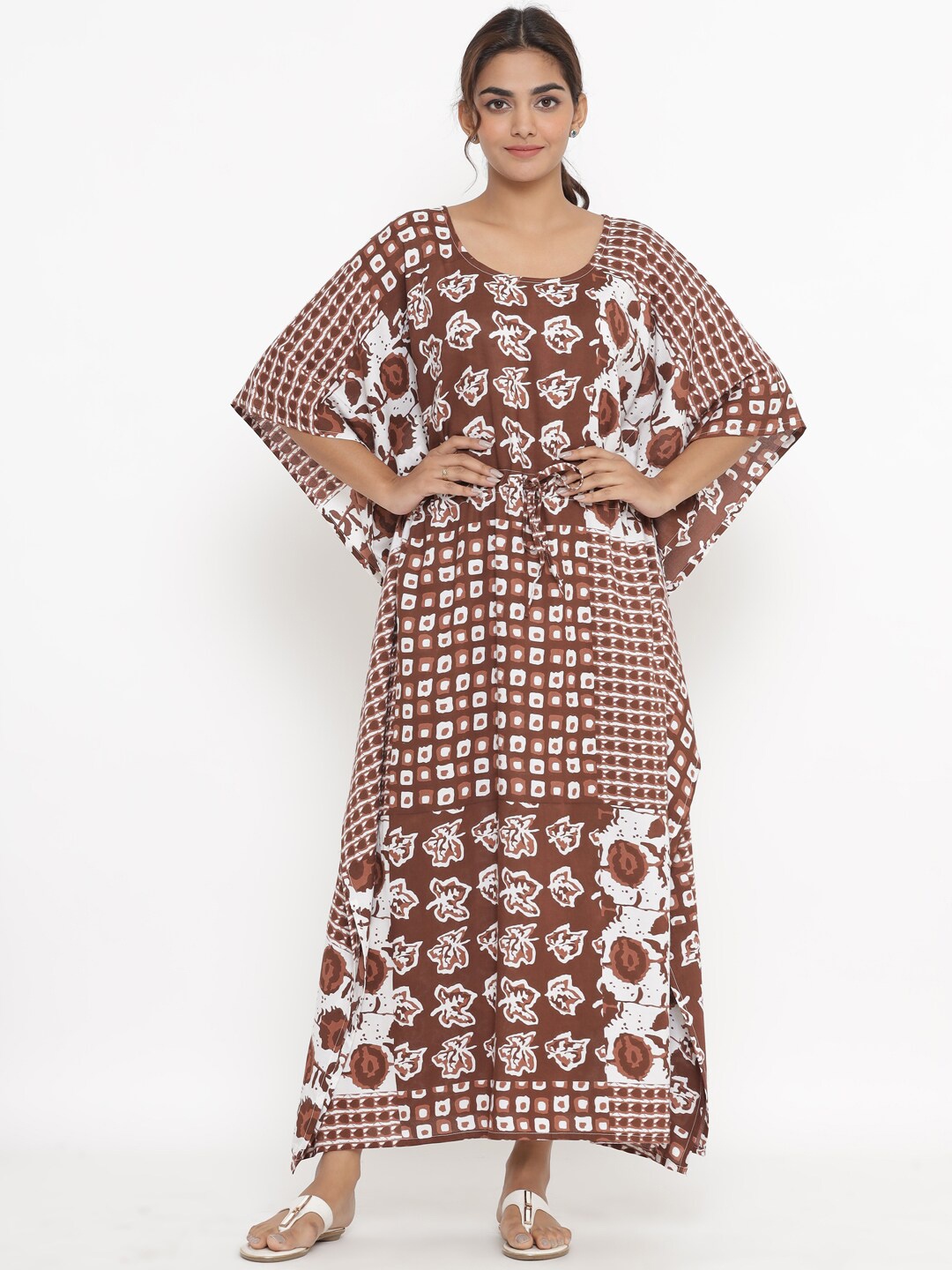 

Fabriko Women Brown & White Ethnic Motifs Kaftan Maxi Dress