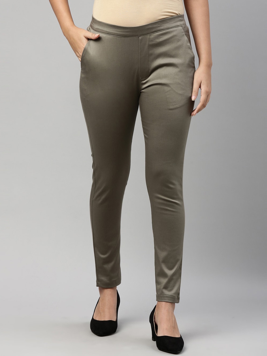 

Go Colors Women Olive Green Slim Fit Trousers