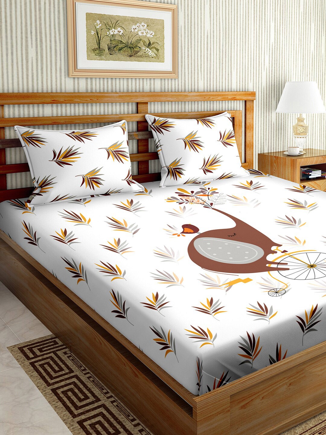 

BELLA CASA Brown & White Graphic 150 TC King Bedsheet with 2 Pillow Covers