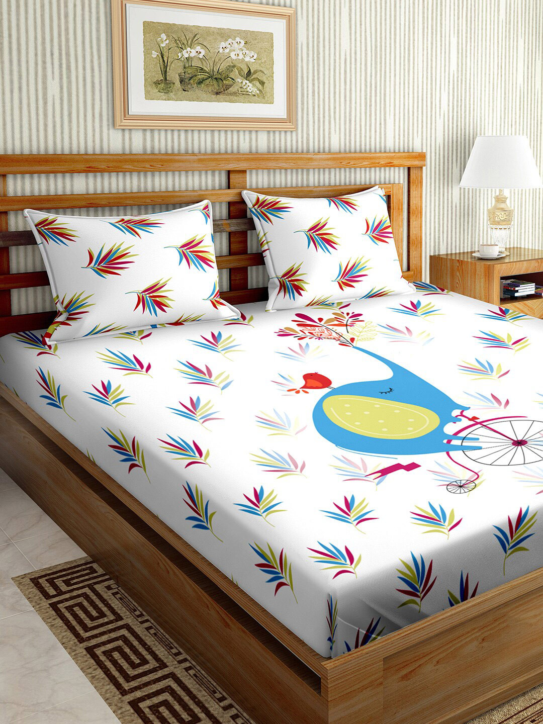 

BELLA CASA Blue & White Floral Printed Cotton 150 TC King Bedsheet with 2 Pillow Covers