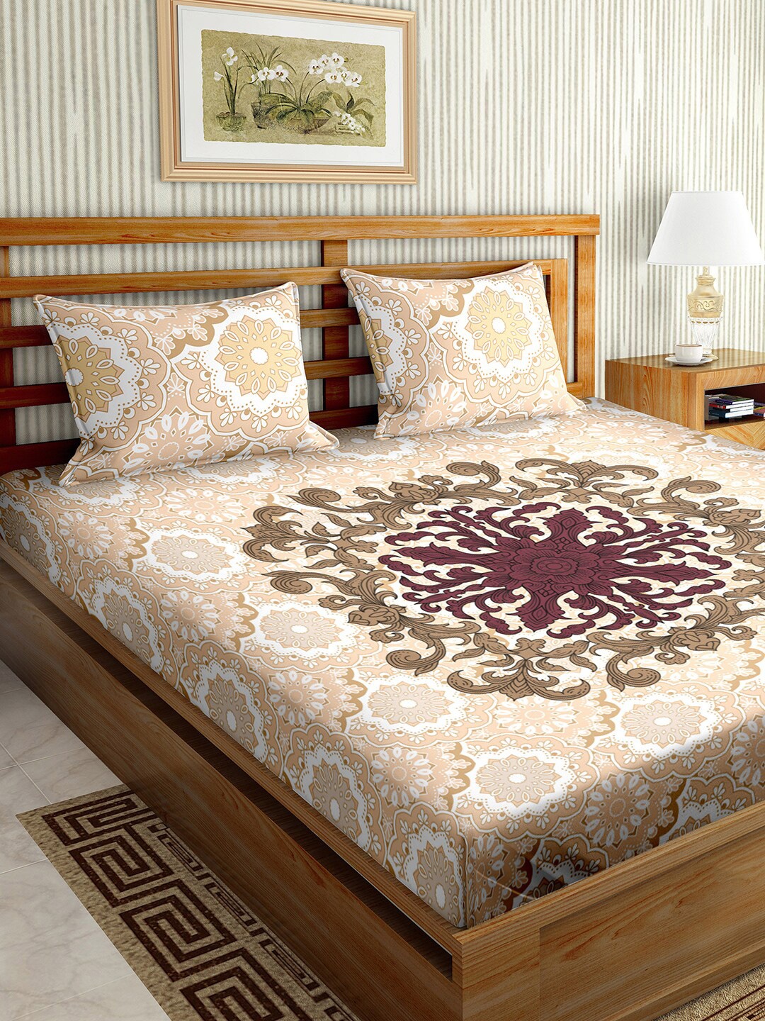 

BELLA CASA Brown & Peach-Coloured Ethnic Motifs 150 TC King Bedsheet with 2 Pillow Covers