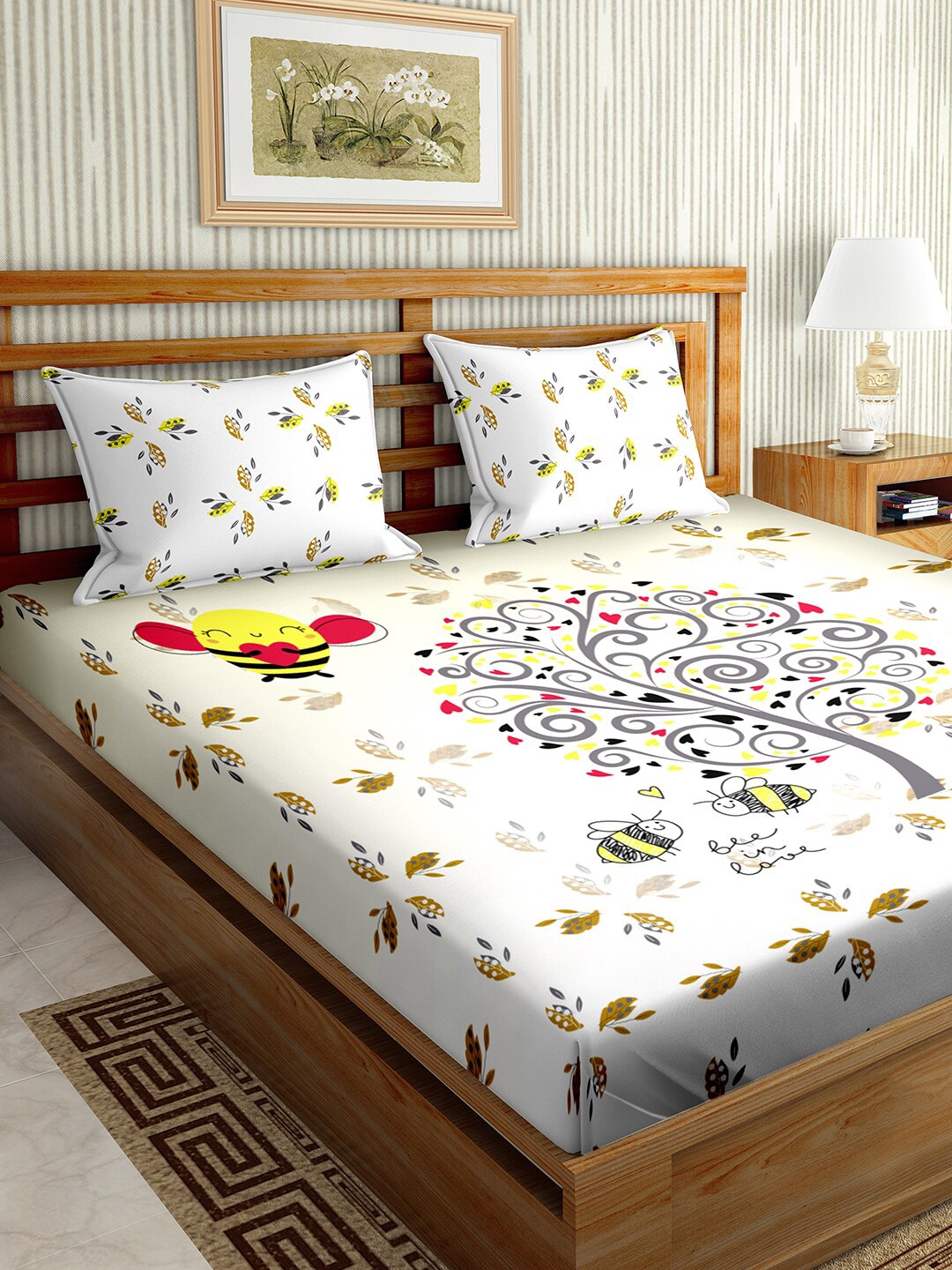 

BELLA CASA Off White & Yellow Graphic Printed 150 TC King Bedsheet with 2 Pillow Covers