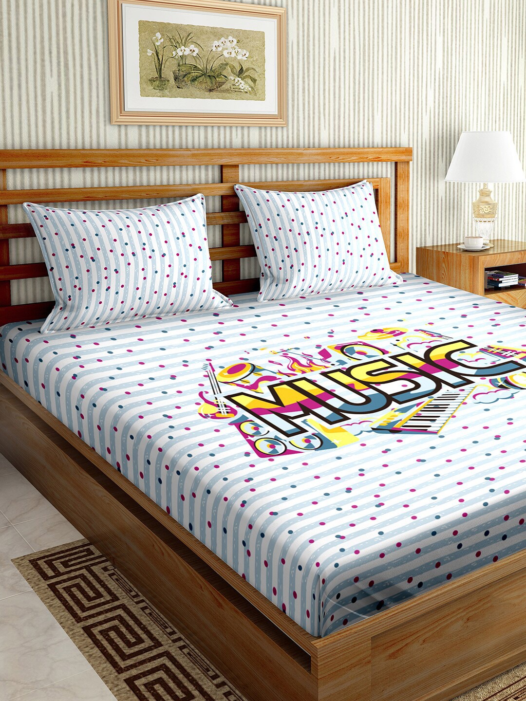 

BELLA CASA Blue & Yellow Graphic 150 TC King Bedsheet with 2 Pillow Covers