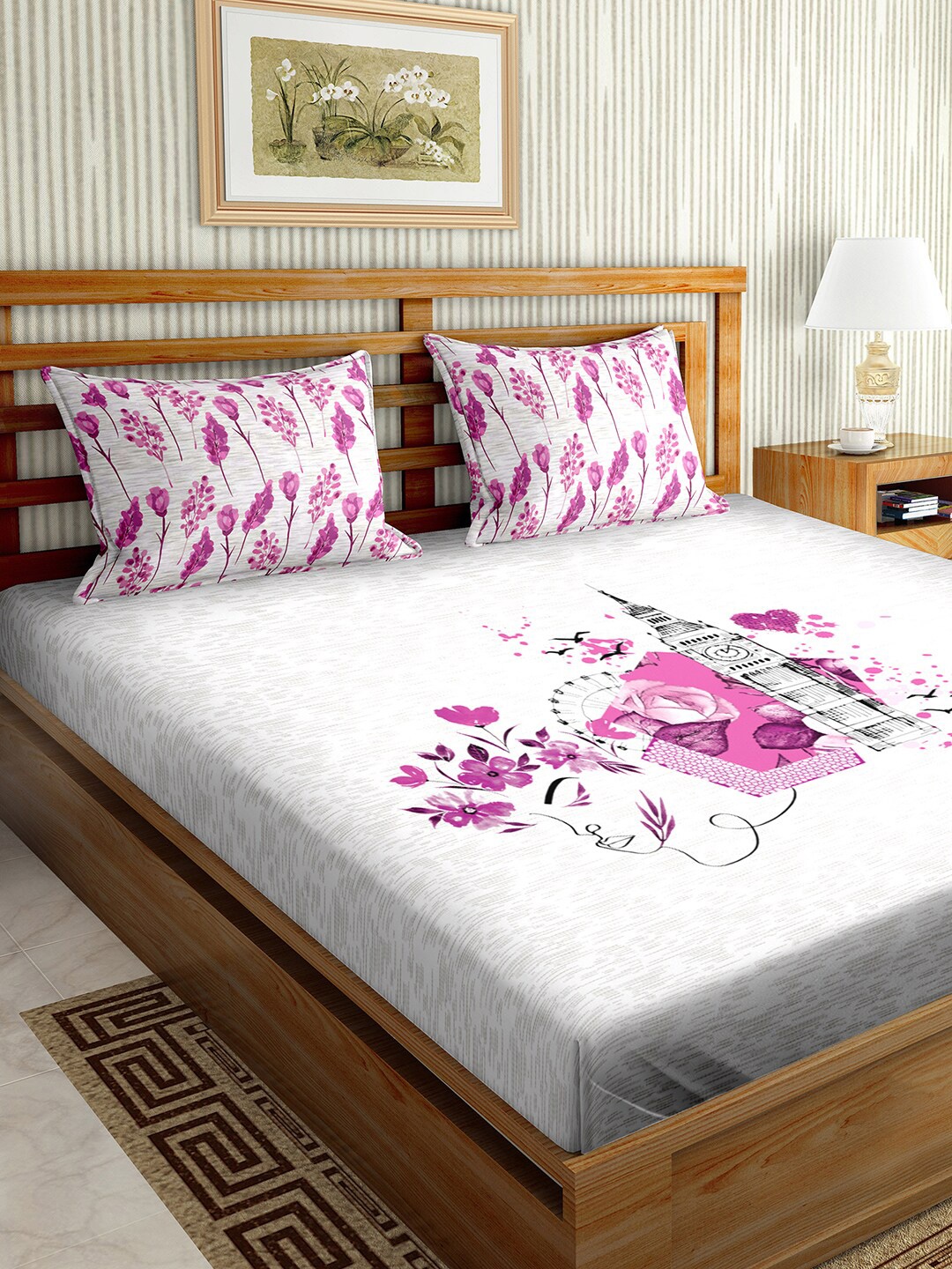 

BELLA CASA Pink & White Graphic 150 Cotton TC King Bedsheet with 2 Pillow Covers