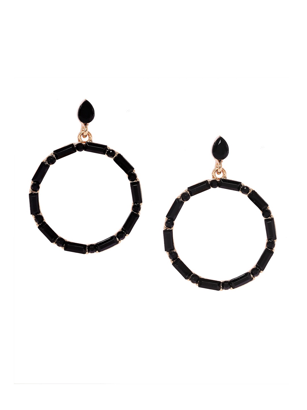 

BELLEZIYA Black & Gold-Toned Artificial Stone Studded Circular Drop Earrings