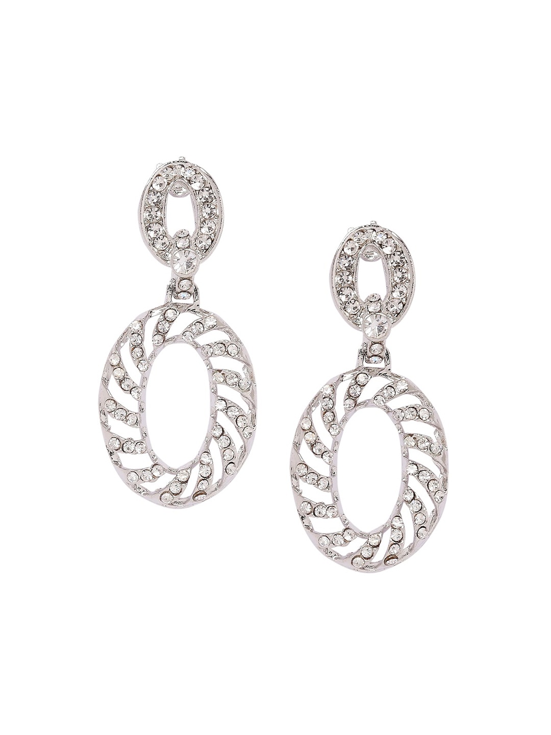 

BELLEZIYA Silver-Toned Artificial Stone Studded Oval Drop Earrings