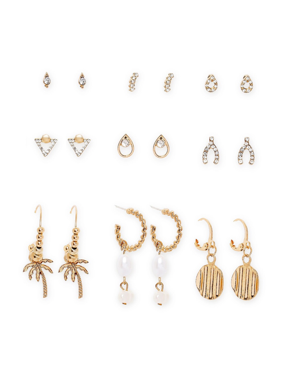 

BELLEZIYA Set Of 9 Gold-Toned Contemporary Studs & Drop Earrings