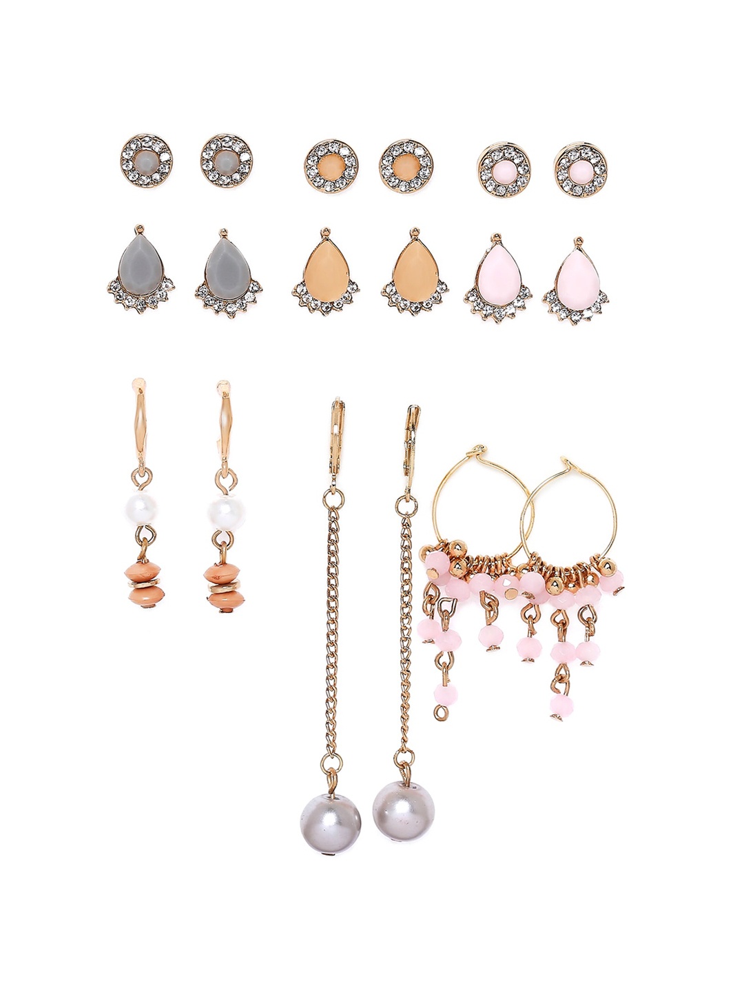 

BELLEZIYA Set of 9 Gold-Toned Contemporary Studs & Drop Earrings