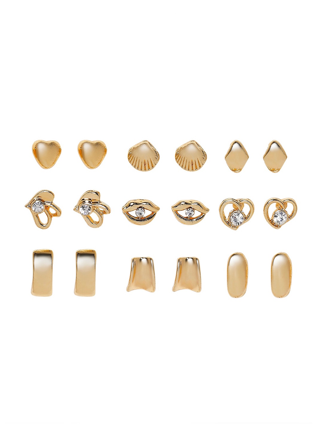 

BELLEZIYA Set of 9 Gold-Toned Contemporary Studs Earrings
