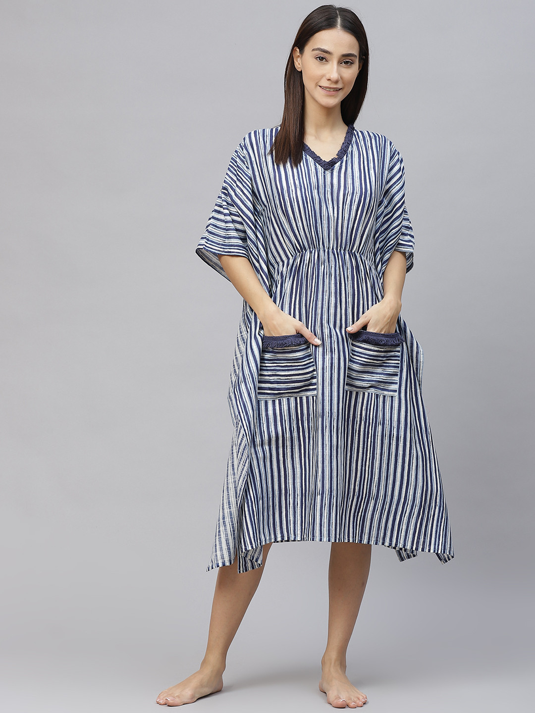 

Laado - Pamper Yourself Women Blue Pure Cotton Striped Nightdress