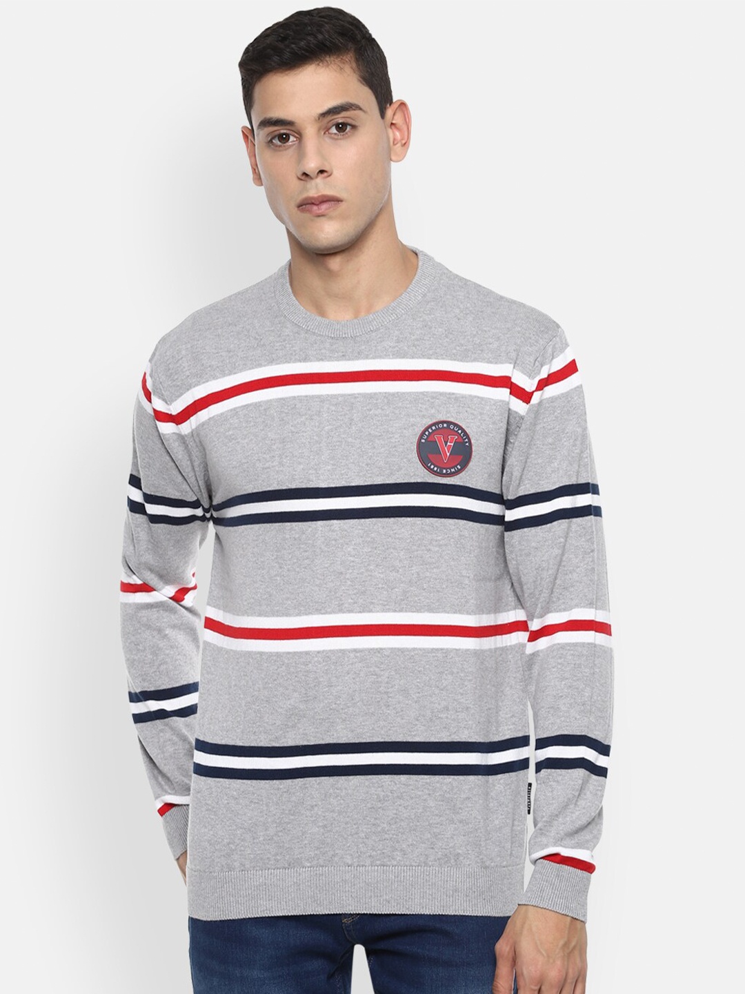 

Van Heusen Sport Men Grey & Red Striped Pure Cotton Pullover