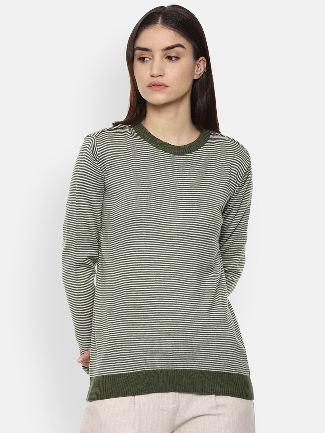 

Van Heusen Woman Women Olive Green & Off White Striped Pullover