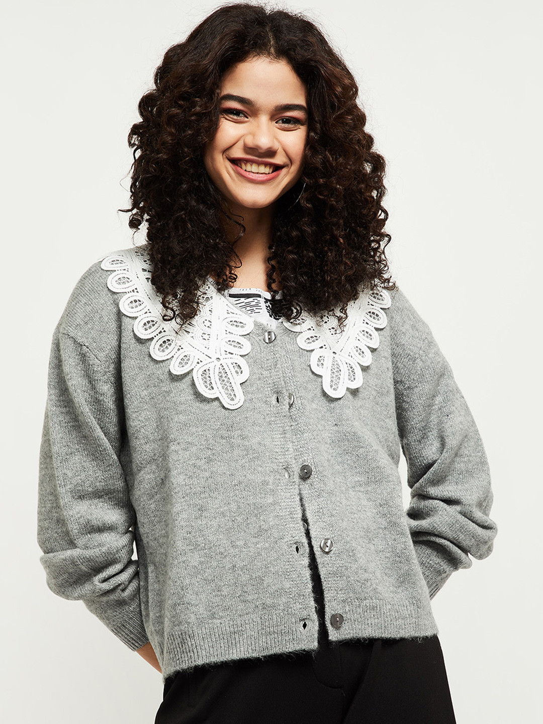 

max Women Grey & White Cardigan with Applique Detail