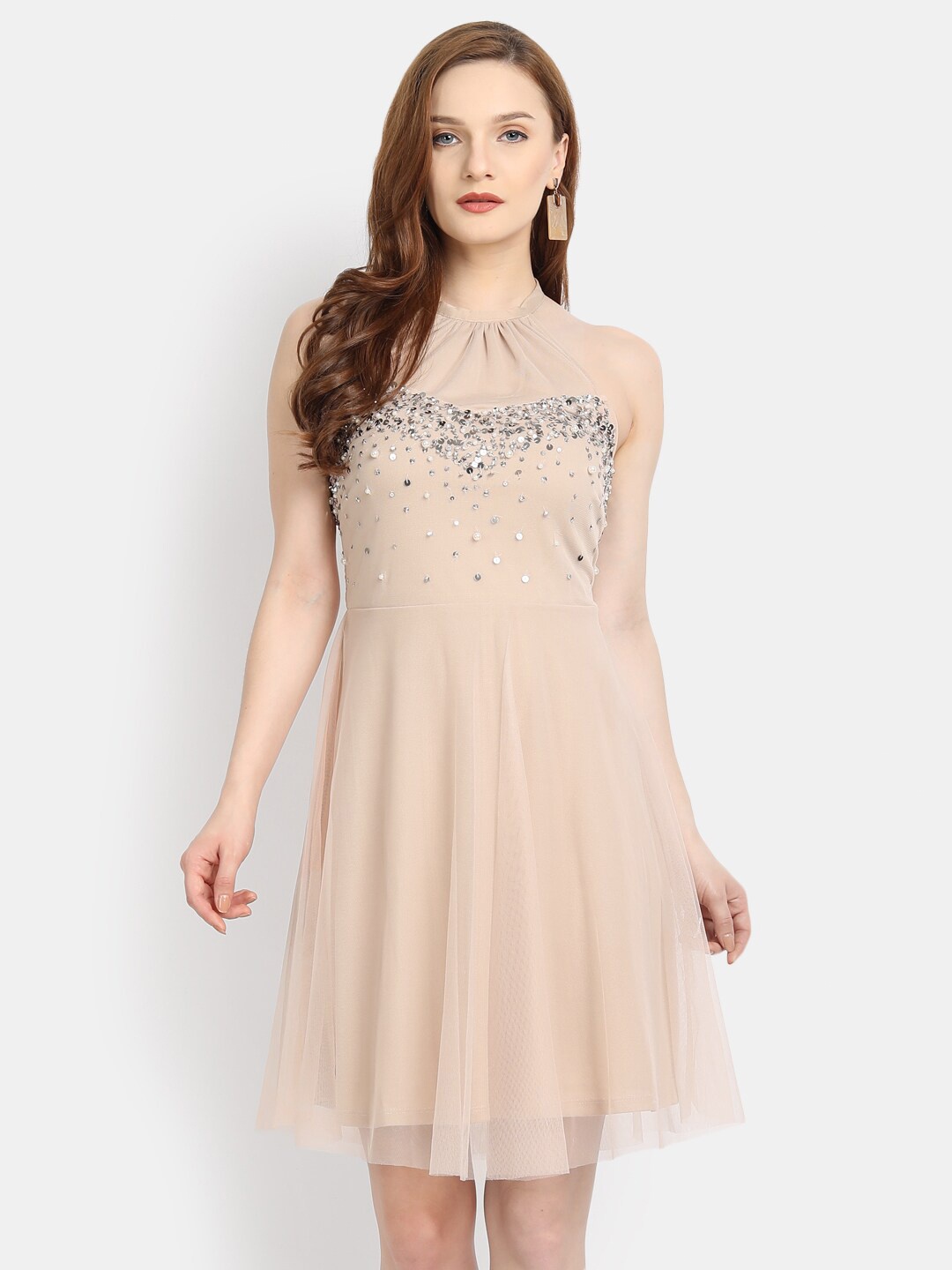 

LY2 Beige Embellished Halter Neck Net Dress