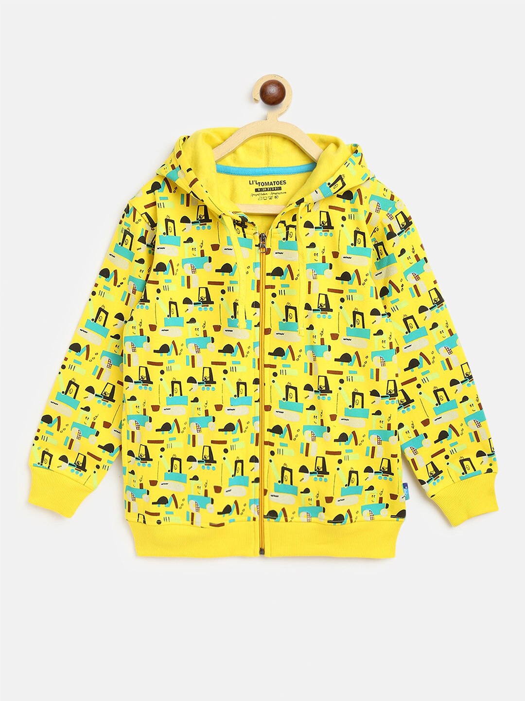 

Lil Tomatoes Boys Yellow Printed Pure Cotton Hooded Sweatshirt