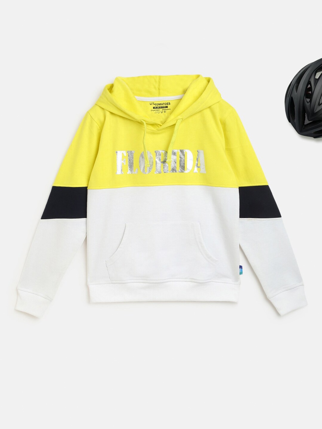 

Lil Tomatoes Girls Yellow & White Colourblocked Pure Cotton Hooded Sweatshirt