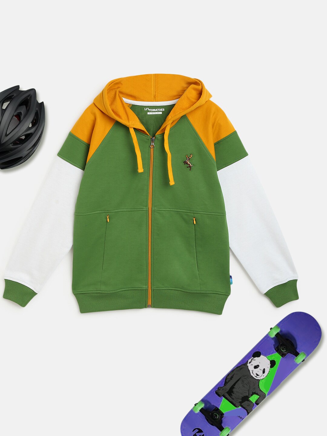 

Lil Tomatoes Boys Green Colourblocked Hooded Cotton Sweatshirt