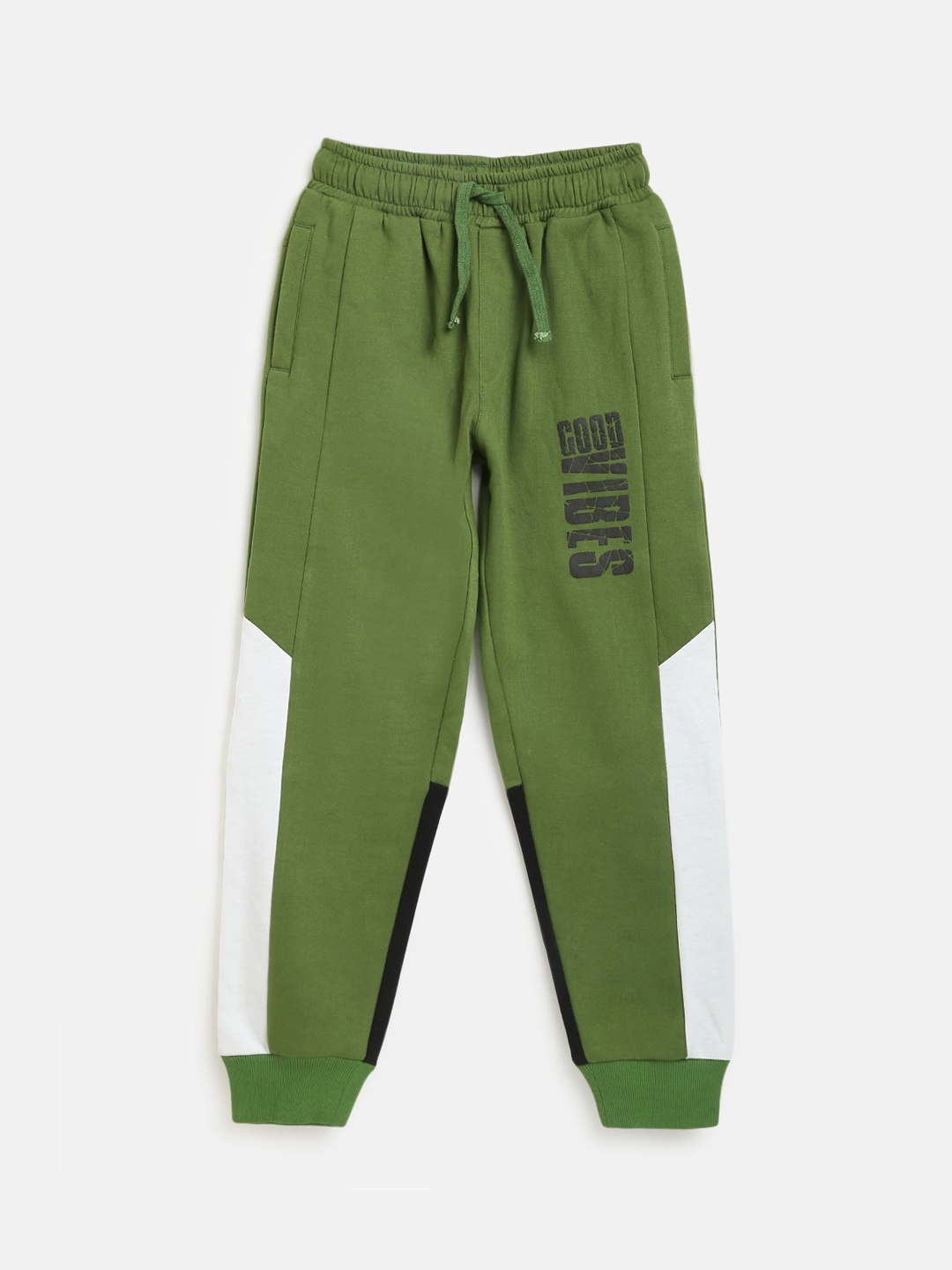 

Lil Tomatoes Boys Olive-Green & White Colourblocked Pure Cotton Joggers