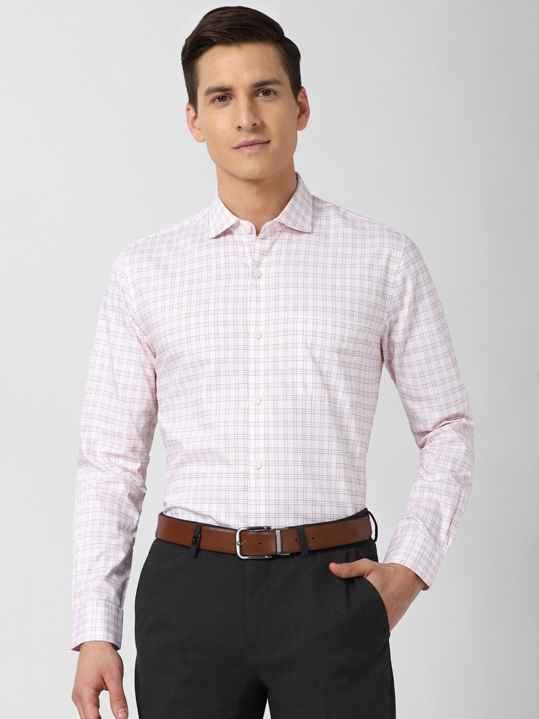 

Peter England Elite Men White & Red Opaque Checked Pure Cotton Formal Shirt