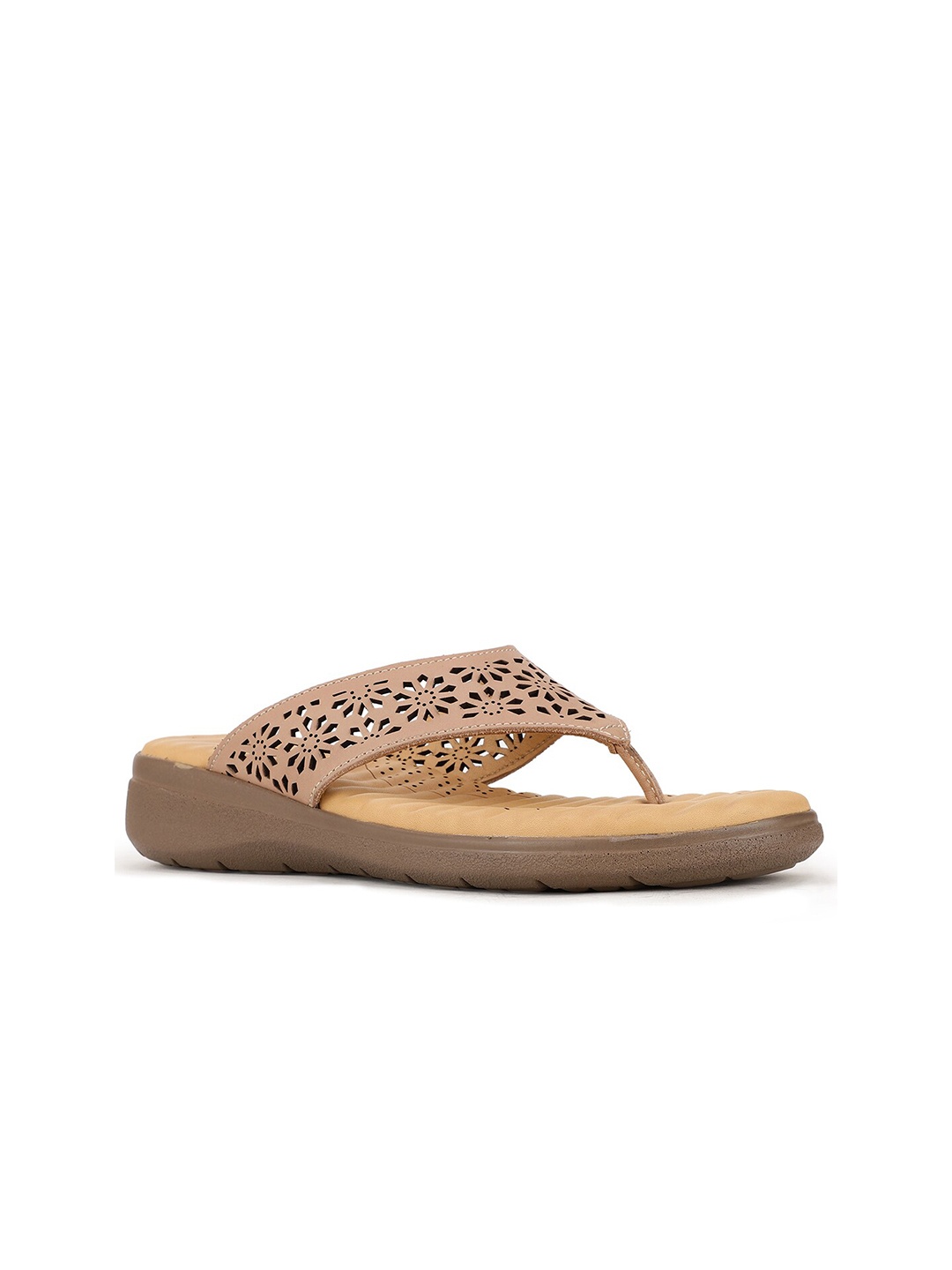 

Scholl Women Beige Textured T-Strap Flats with Laser Cuts