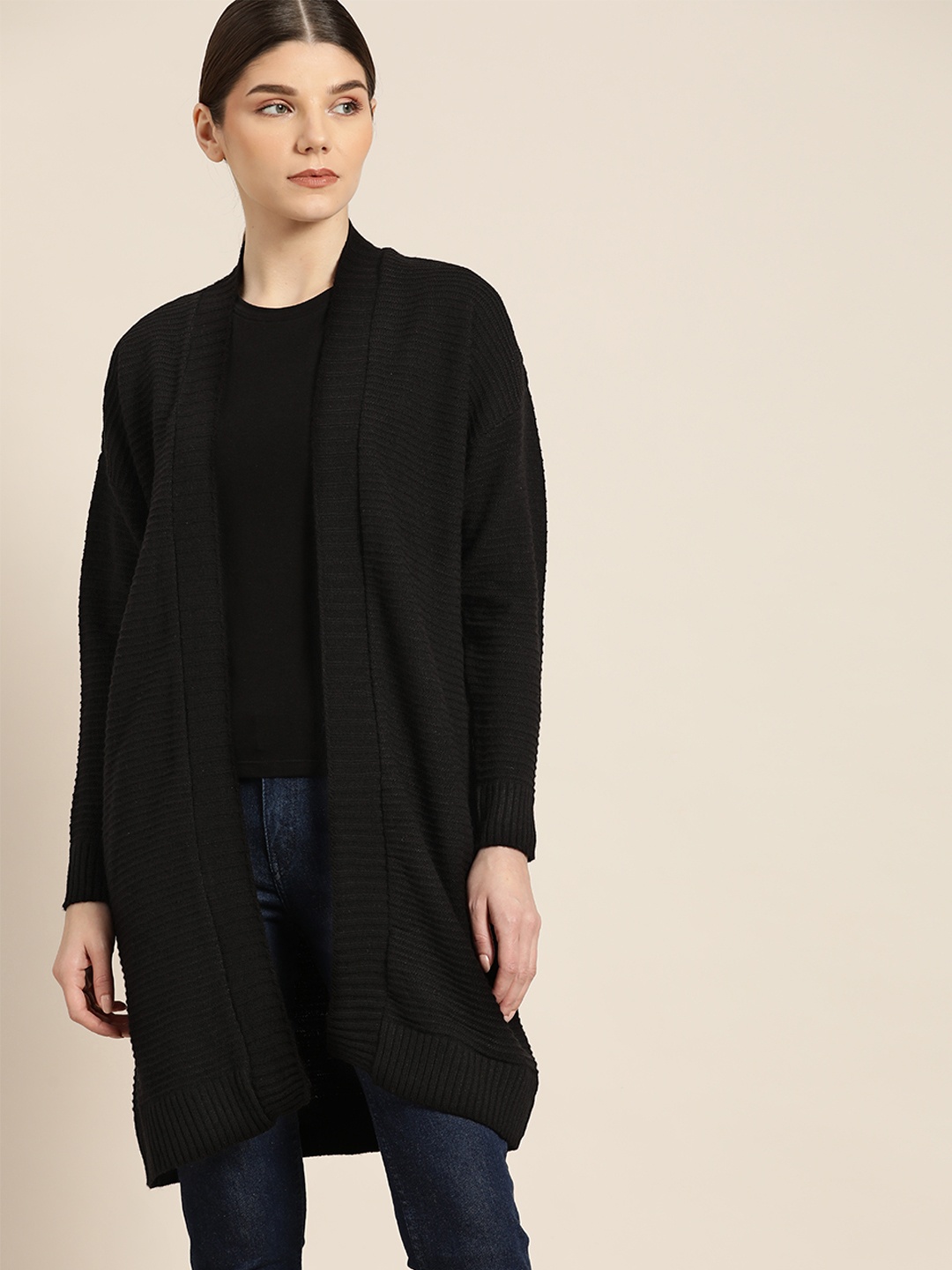 

ether Women Black Self-Striped Longline Front Open Sweater