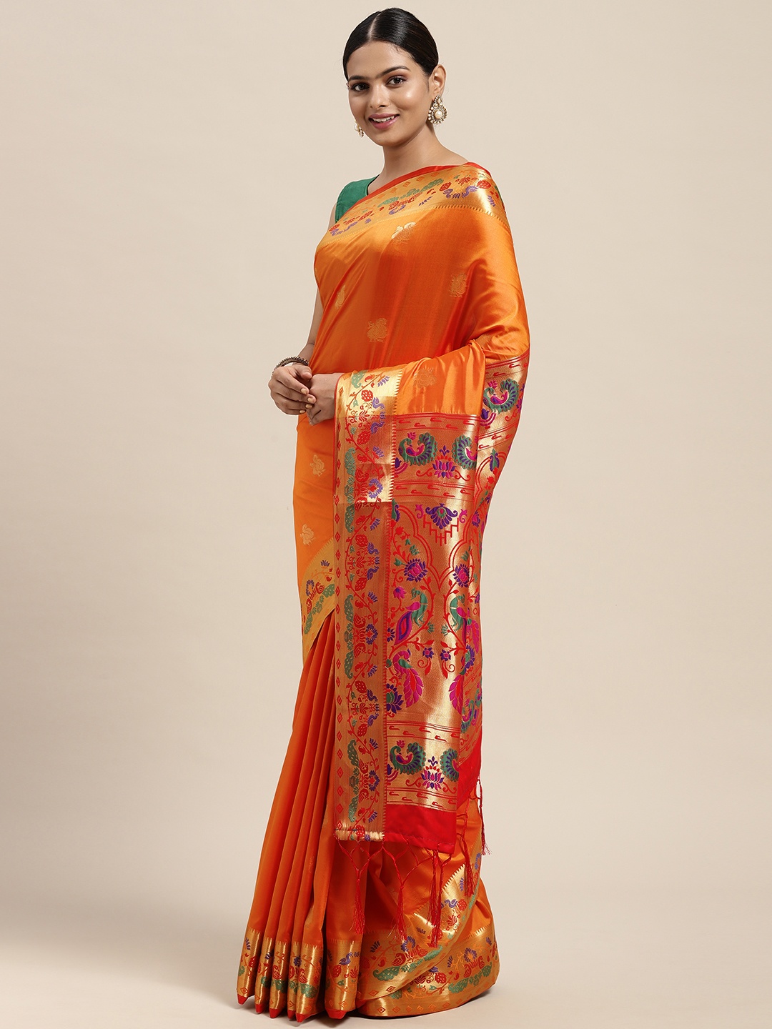 

Mitera Orange Paithani Woven Design Saree