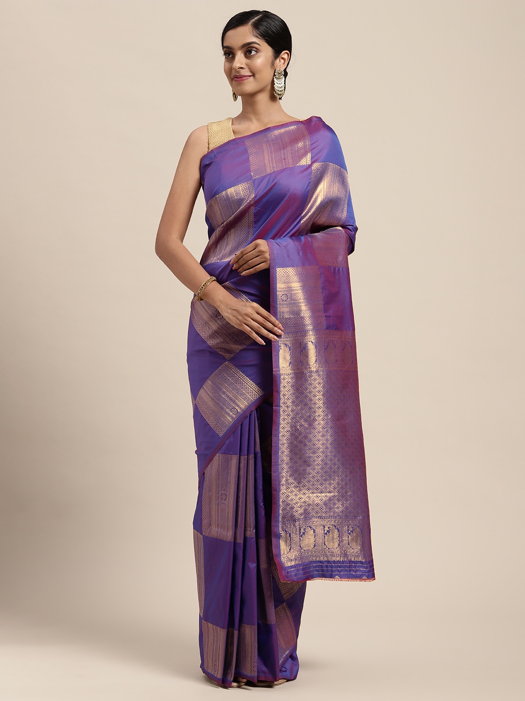 

Mitera Violet & Gold-Toned Woven Design Zari Silk Blend Handloom Banarasi Saree
