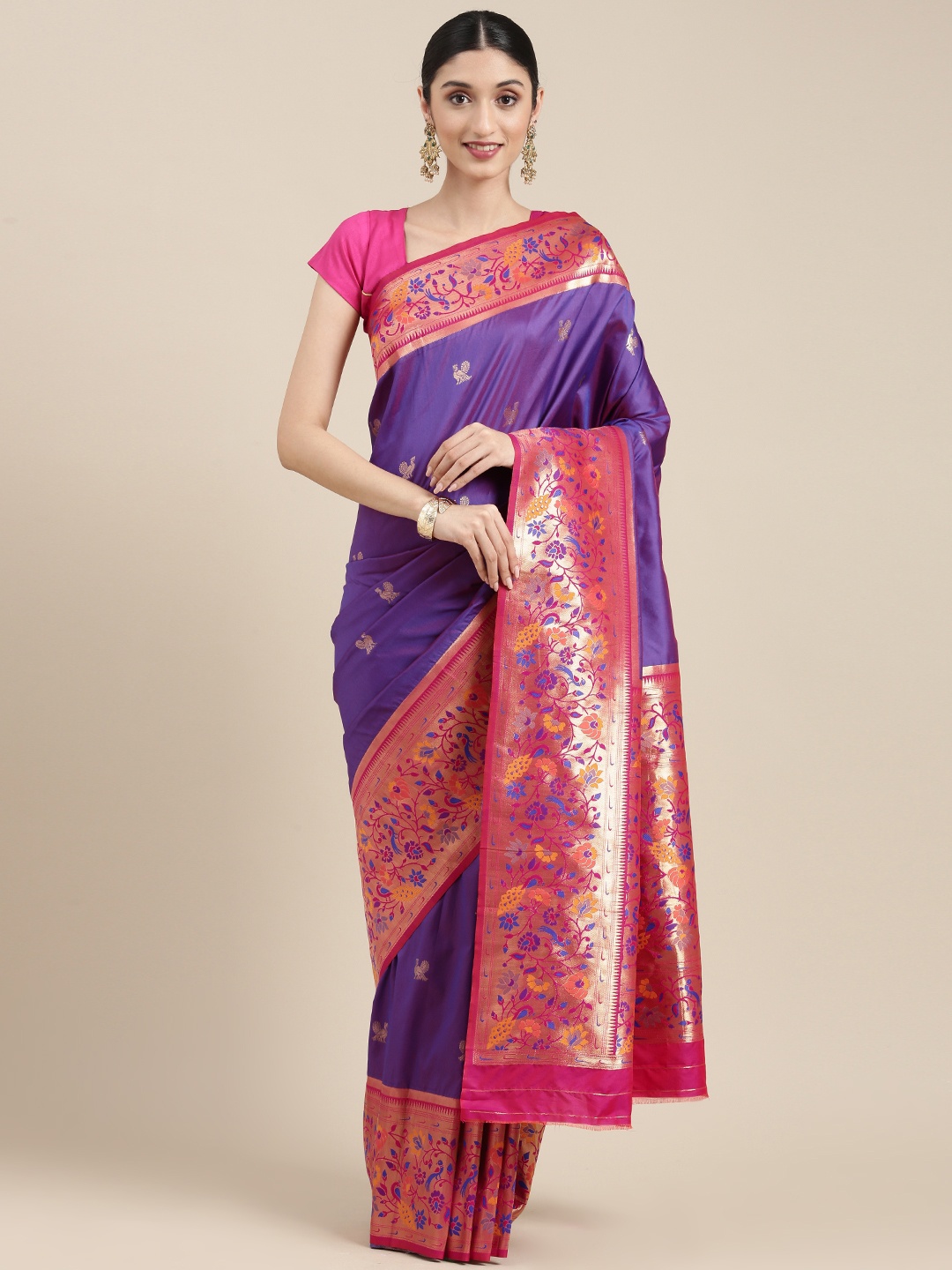 

Mitera Violet & Pink Ethnic Motifs Woven Zari Silk Blend Banarasi Saree