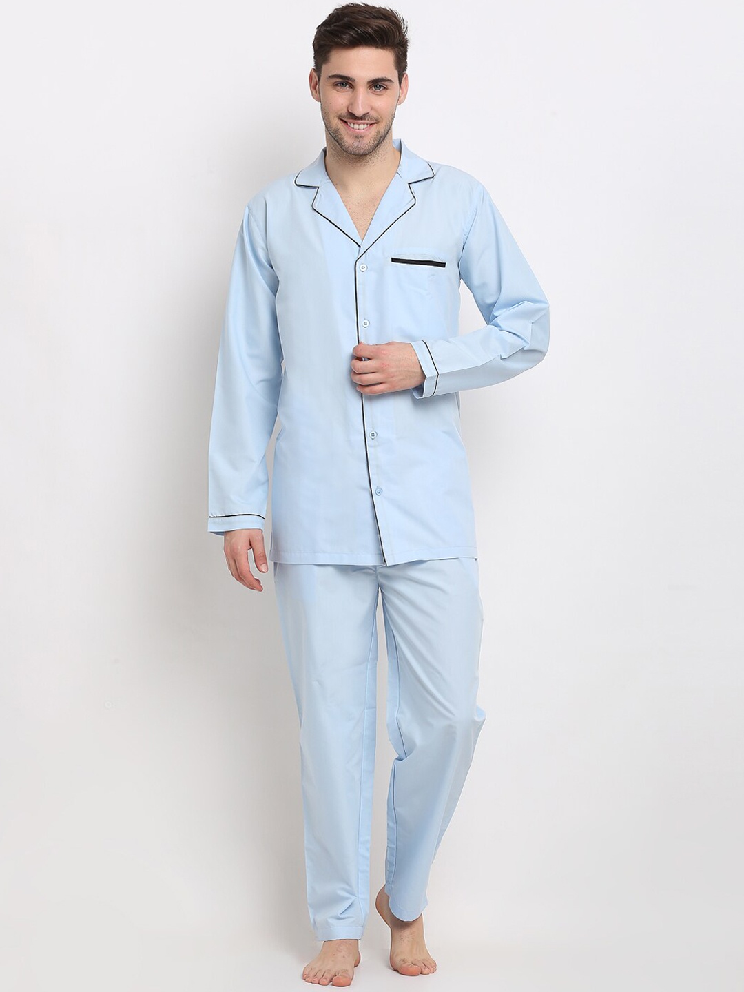 

JAINISH Men Turquoise Blue Solid Night Suits