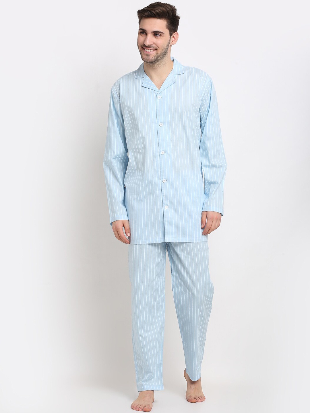 

JAINISH Men Turquoise Blue & White Striped Night suit