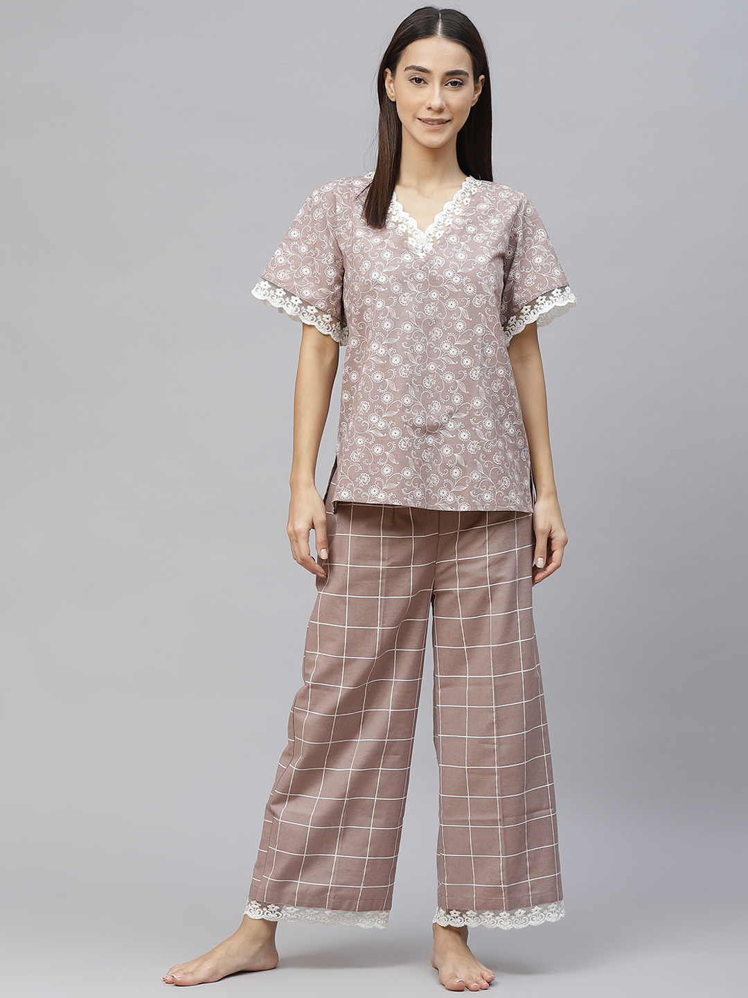 

Laado - Pamper Yourself Women Brown & White Pure Cotton Printed Night suit