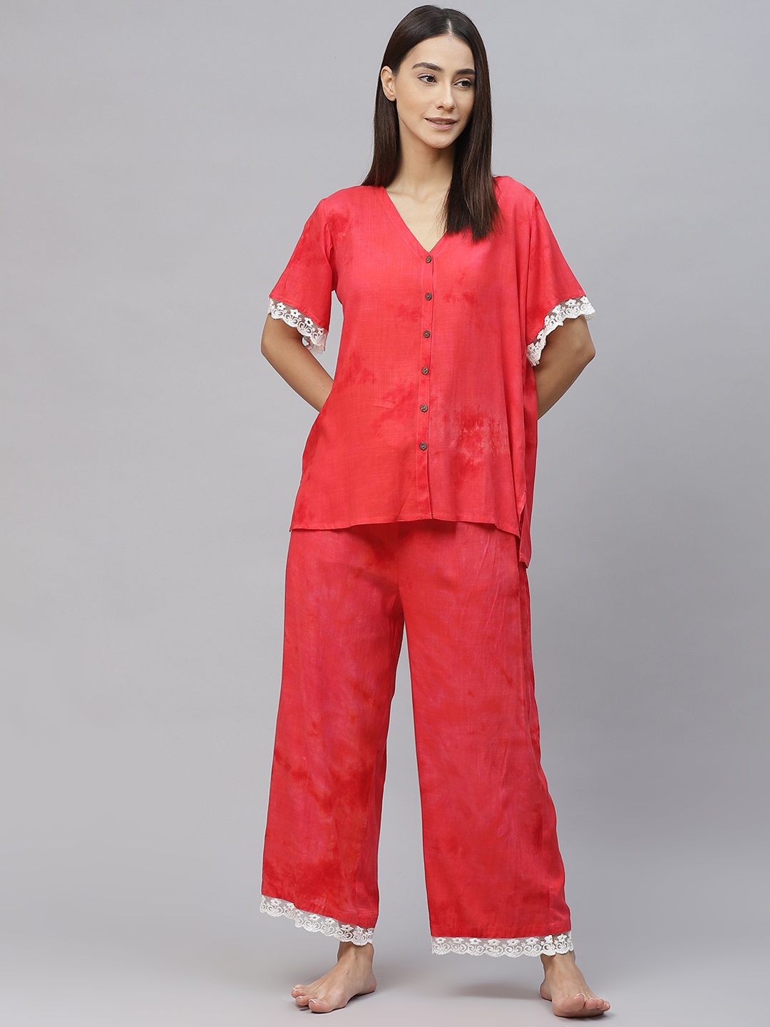 

Laado - Pamper Yourself Women Red Dyed Lace Inserts Pyjama Set