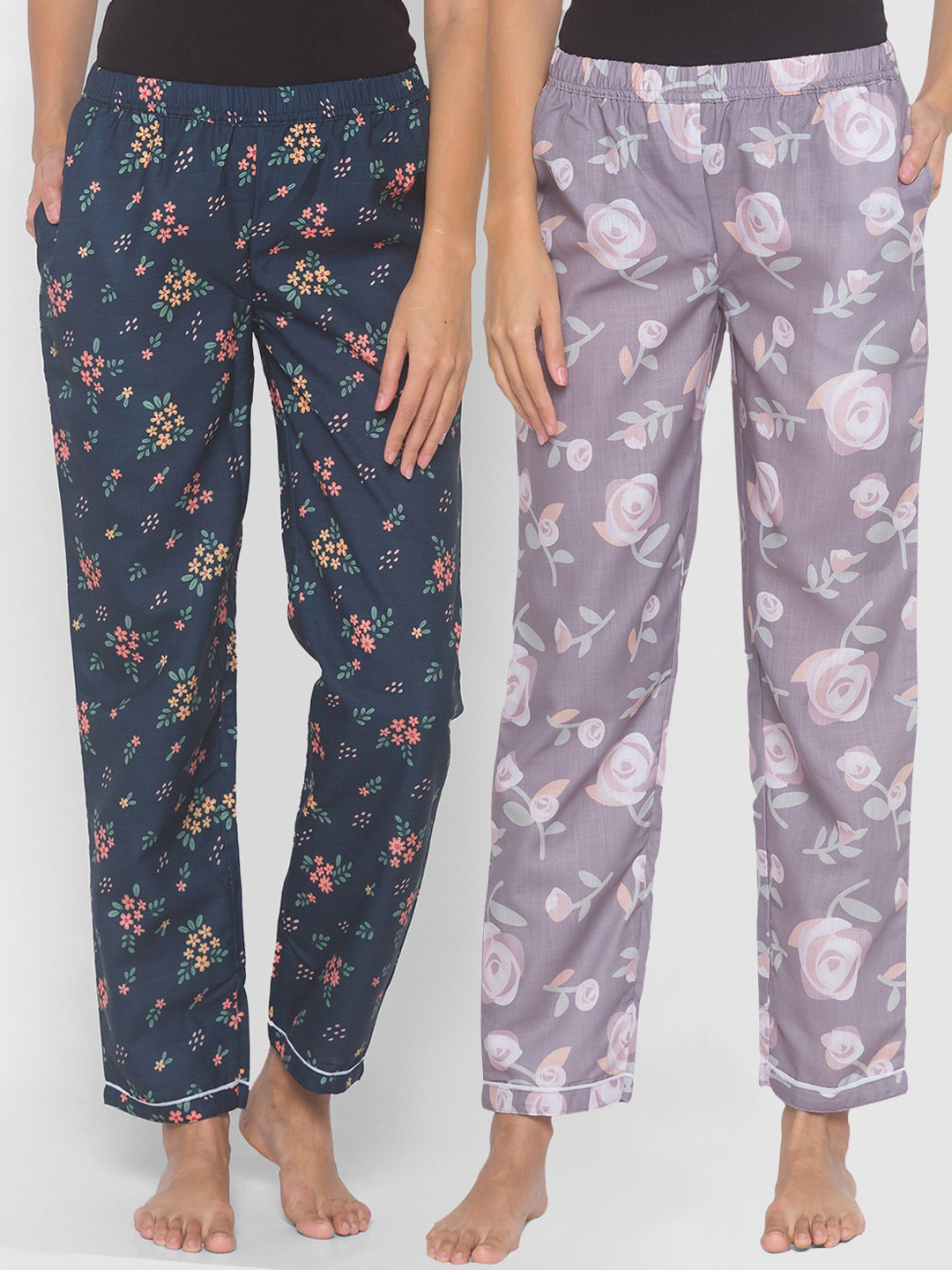 

FashionRack Women Pack of 2 Brown & Navy Blue Printed Lounge Pants