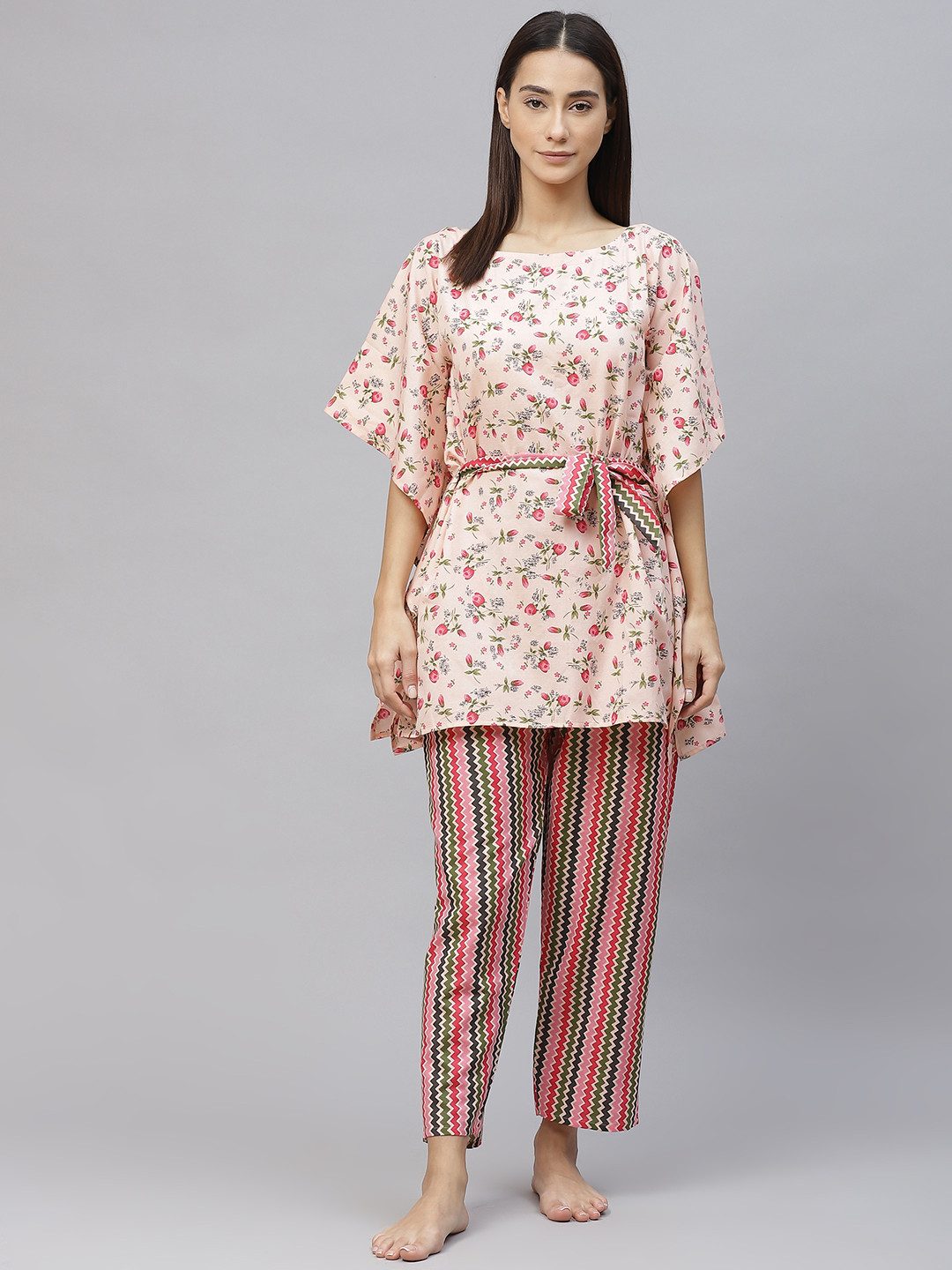 

Laado - Pamper Yourself Women Peach-Coloured & Green Floral Cotton Kaftan Pyjama Set Belt