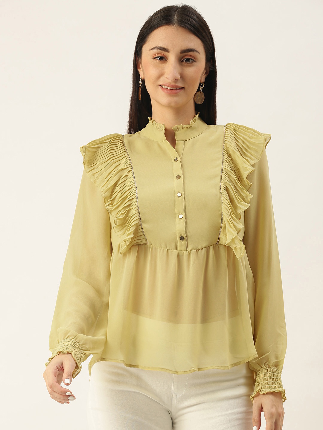 

SHECZZAR Yellow Mandarin Collar Semi Sheer Ruffle A-line Top