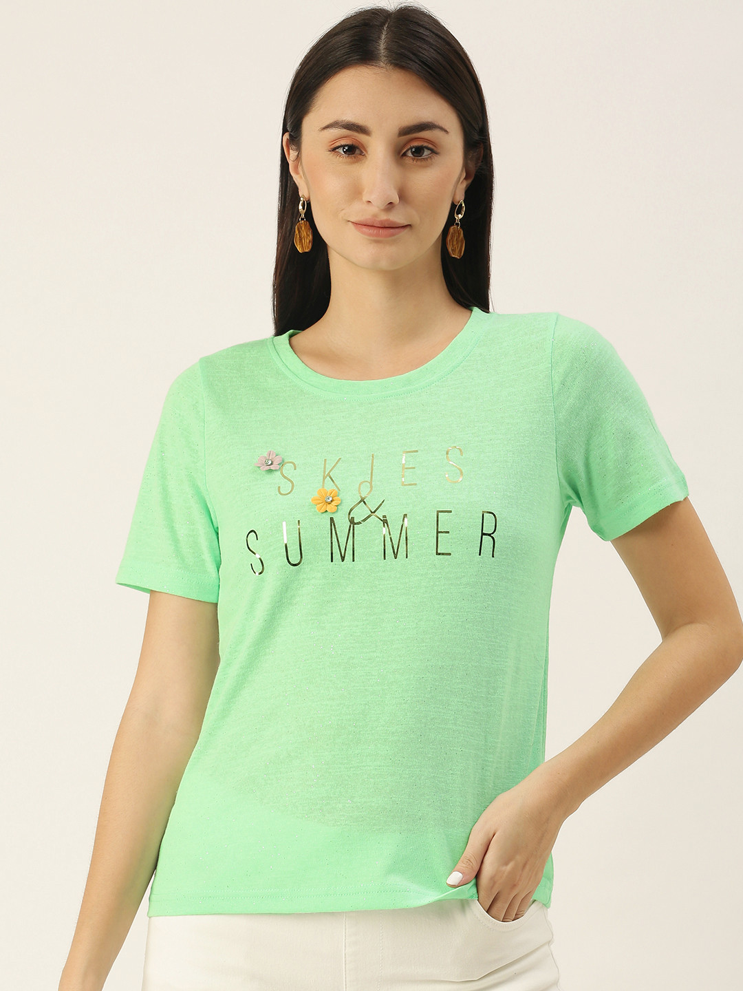 

SHECZZAR Women Green Typography Printed T-shirt
