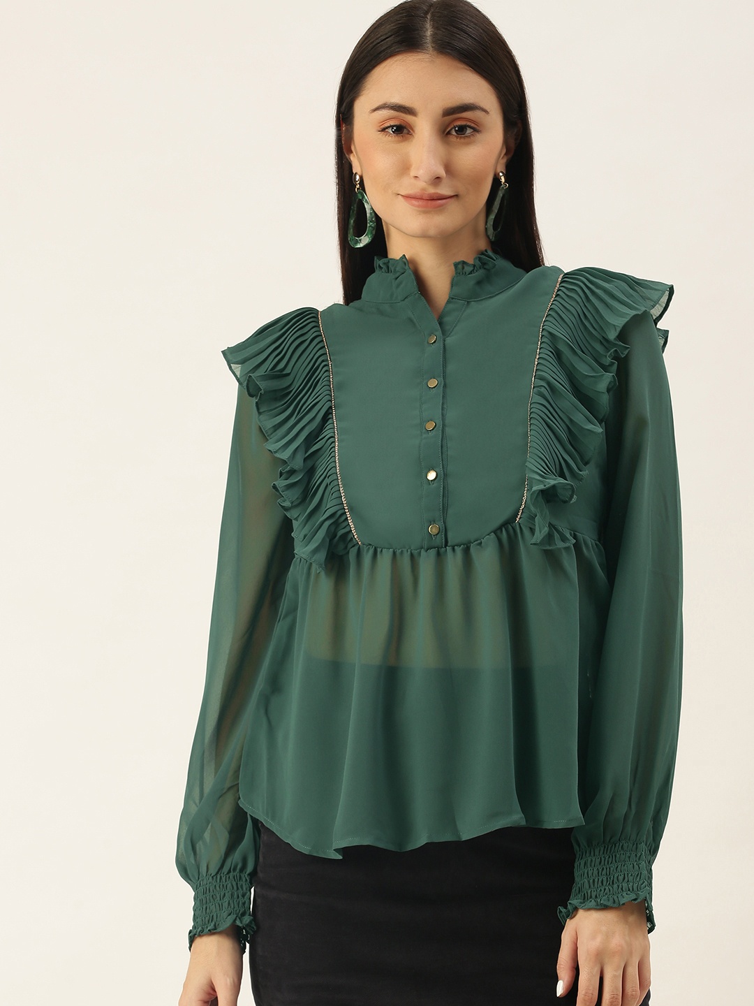 

SHECZZAR Green Mandarin Collar Semi Sheer Ruffle A-line Top