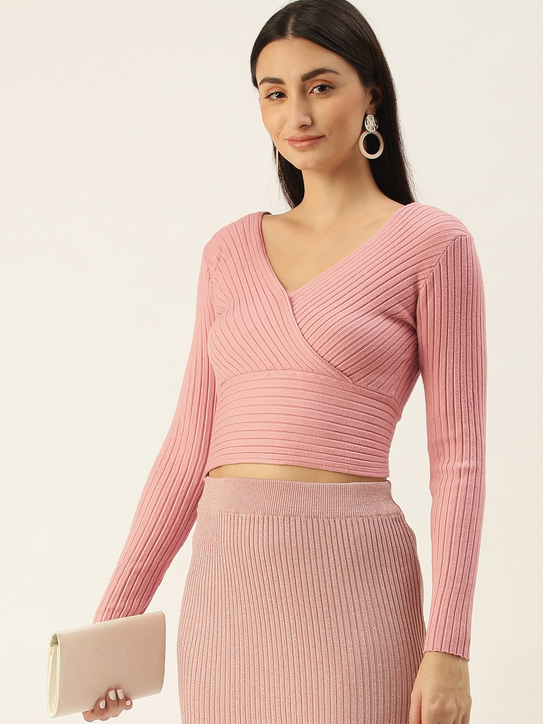 

SHECZZAR Peach-Coloured Ribbed Wrap Crop Top