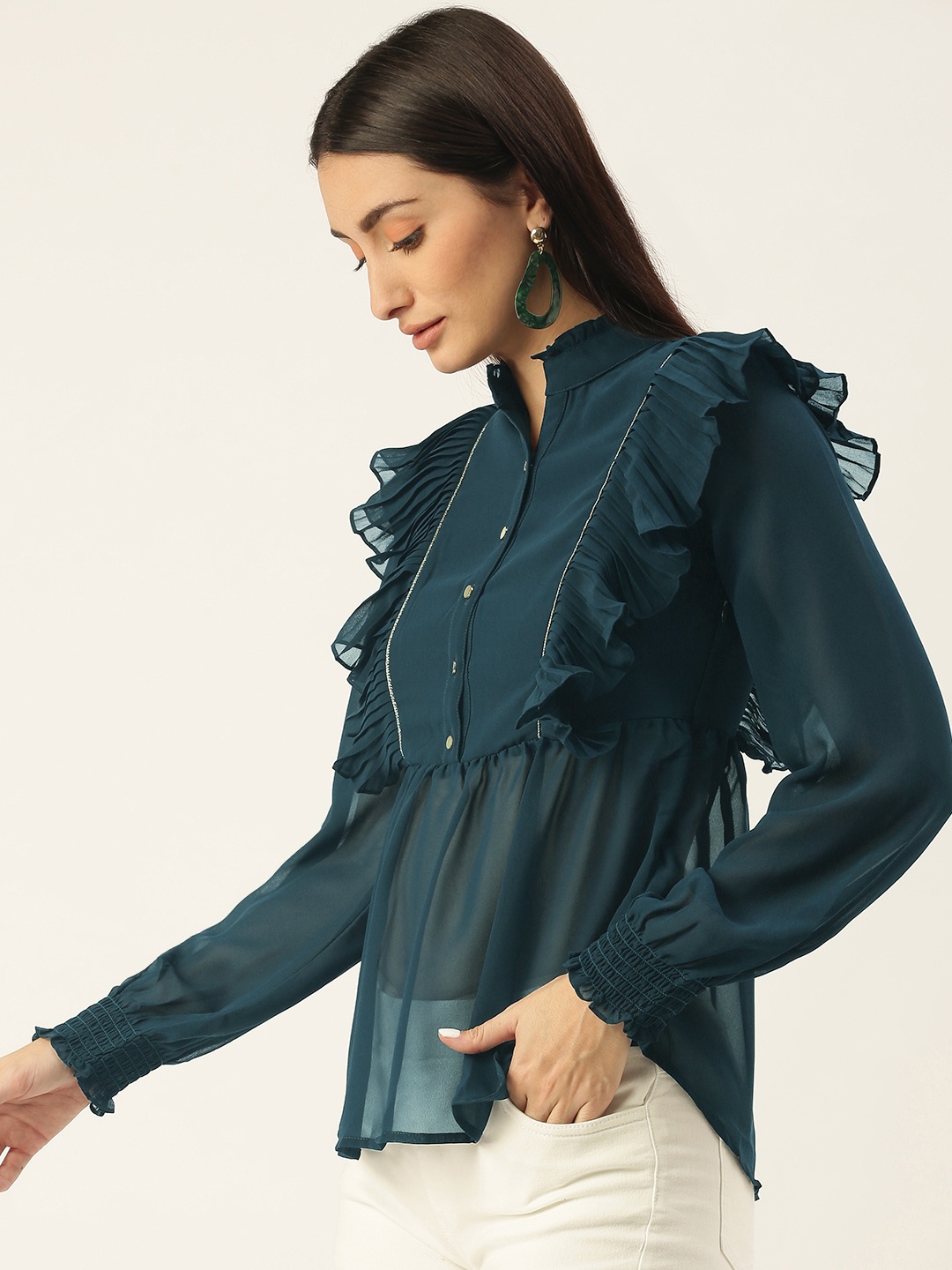 

SHECZZAR Teal Blue Mandarin Collar Semi Sheer Ruffle A-line Top