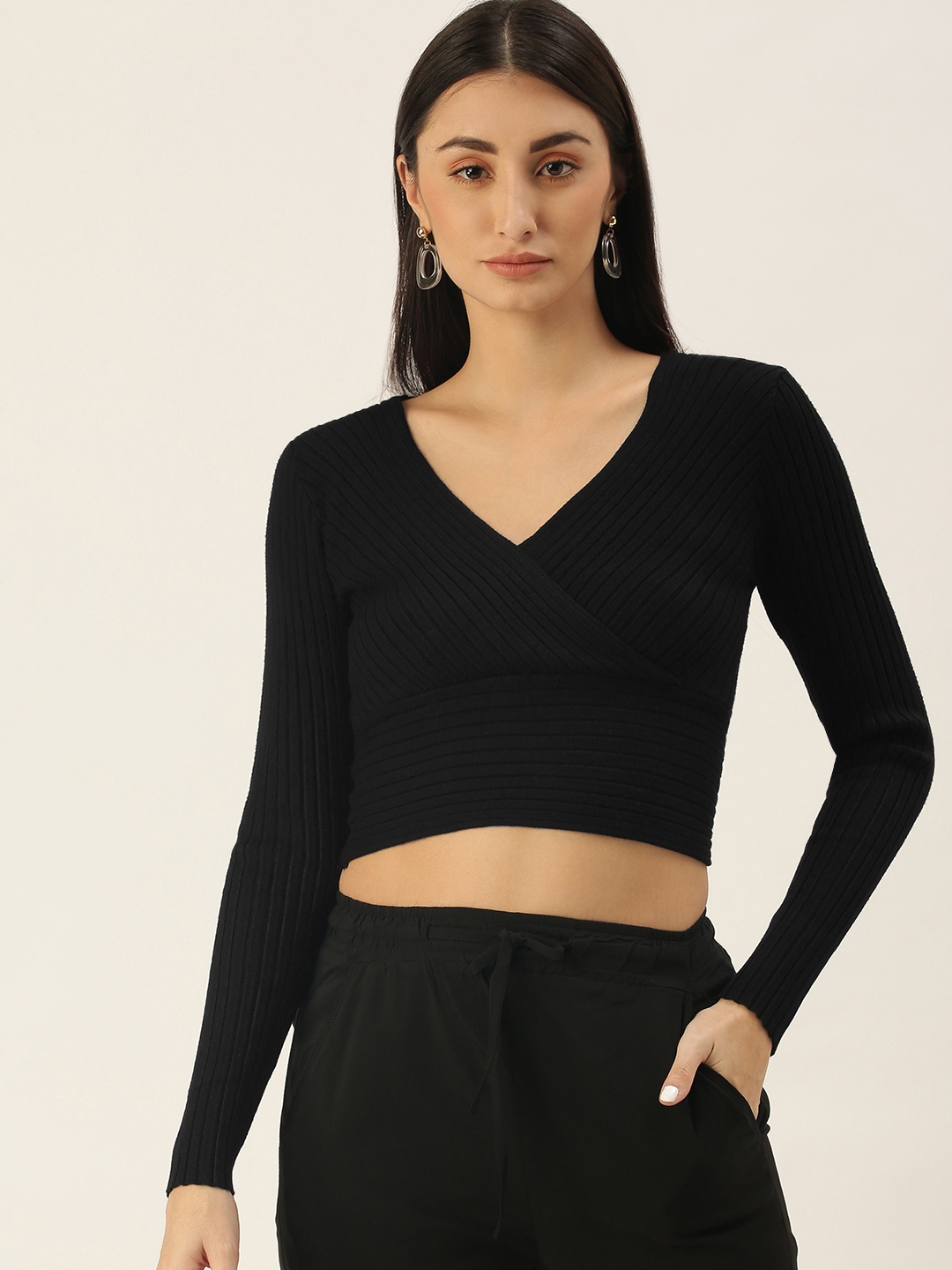 

SHECZZAR Black Ribbed Wrap Crop Top