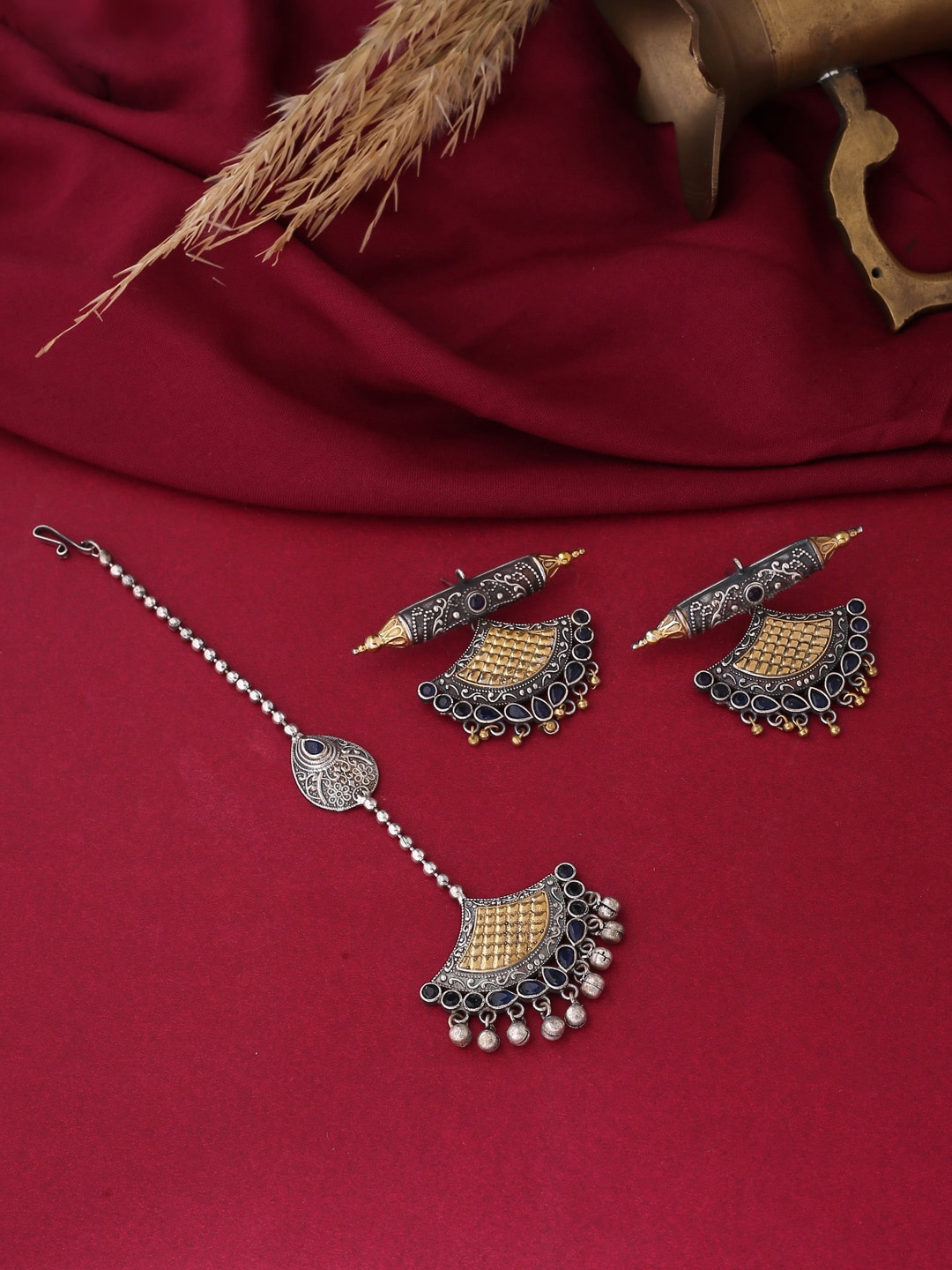 

VIRAASI Oxidised Gold-Toned & Black Antique Maangtika With Earrings