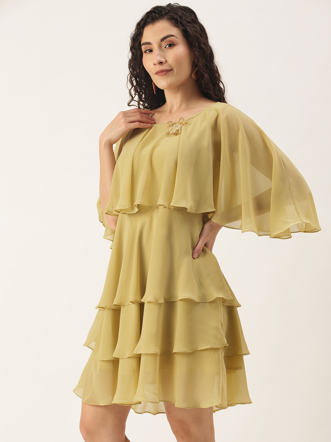 

SHECZZAR Yellow Layered Georgette Dress