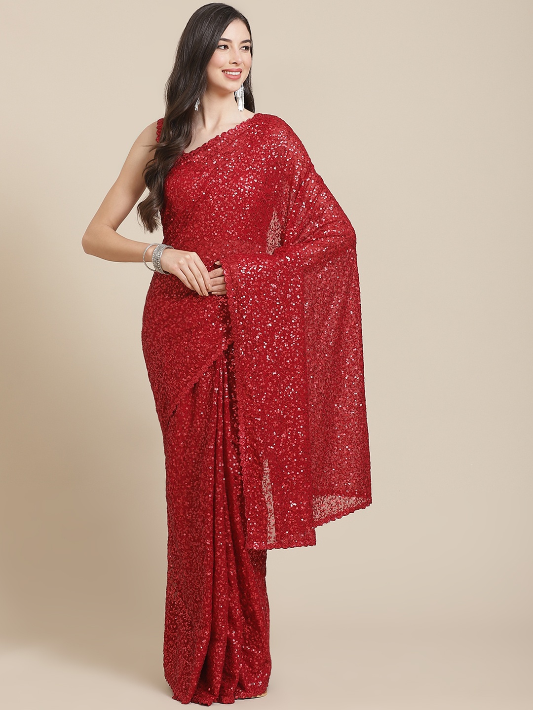 

Readiprint Fashions Maroon Sequinned Pure Georgette Heavy Work Saree
