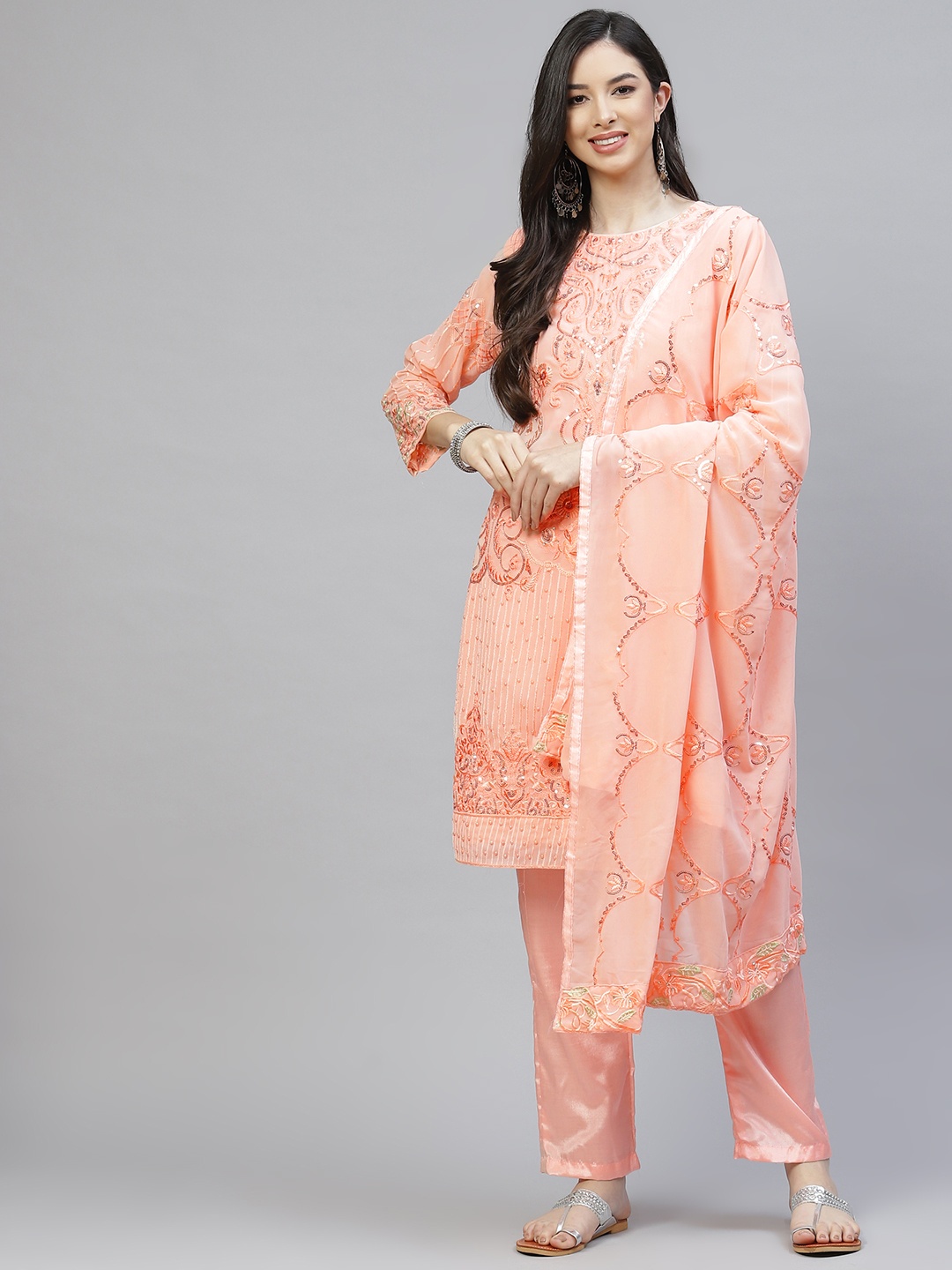 

Readiprint Fashions Women Peach-Coloured Embroidered Unstitched Dress Material